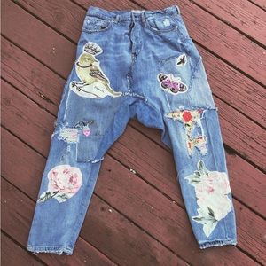 Applique Free People patchwork harem boho bird floral butterfly denim drop jeans